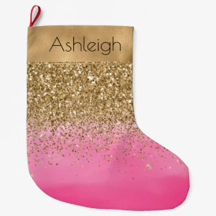 Grande Chaussette De Noël Aquarelle rose de filles Parties scintillant dorée