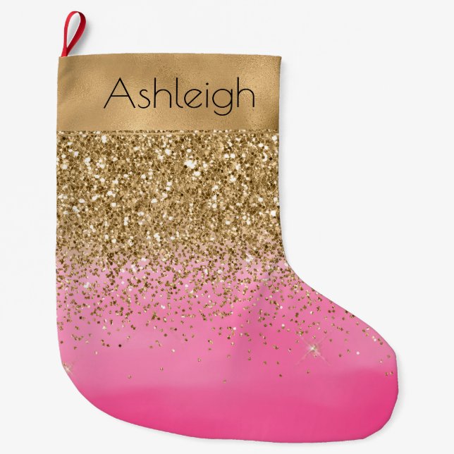Grande Chaussette De Noël Aquarelle rose de filles Parties scintillant dorée (Devant)