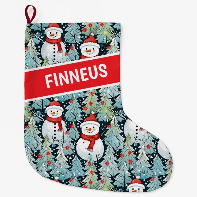 Grande Chaussette De Noël Aquarelle Snowman Noël personnalisé (Devant)
