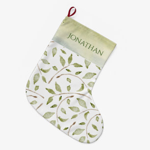 Grande Chaussette De Noël Aquarelle Verdure Typographie Pays Vacances