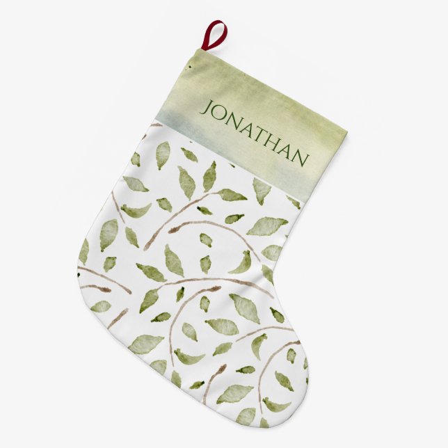 Grande Chaussette De Noël Aquarelle Verdure Typographie Pays Vacances (Devant (Accrochage))