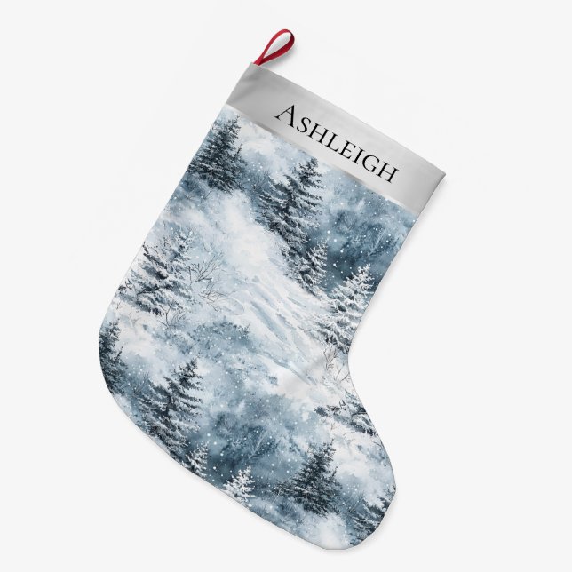 Grande Chaussette De Noël Arbre bleu argenté blanc neige arbres Noël (Devant (Accrochage))