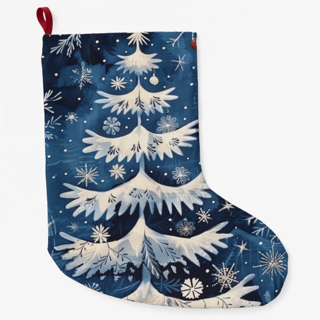 Grande Chaussette De Noël Arbre de Noël Blanc Bleu Stocker (Devant)