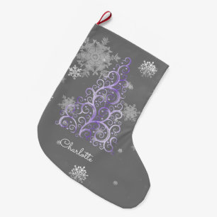 Grande Chaussette De Noël Arbre de Noël pourpre et flocons de neige Stocker