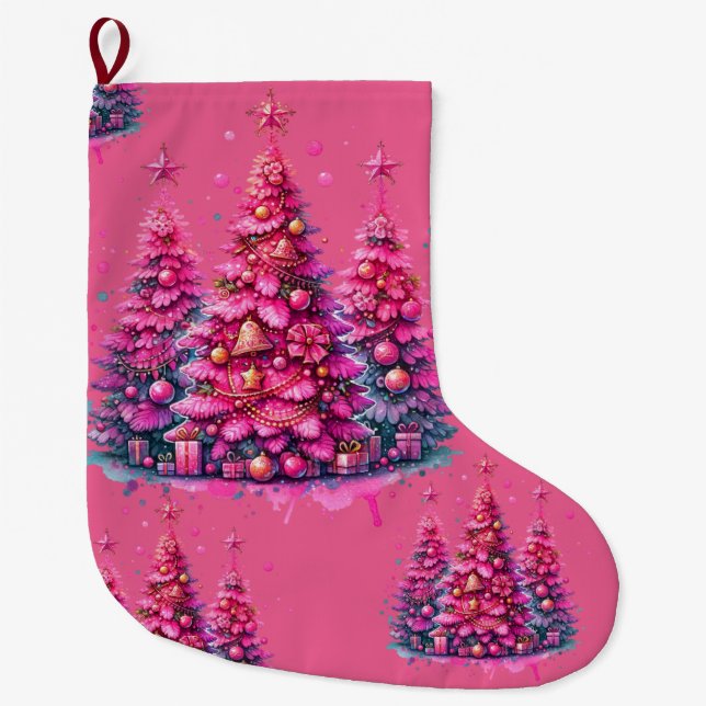 Grande Chaussette De Noël Arbre de Noël rose tendance Preppy esthétique (Devant)