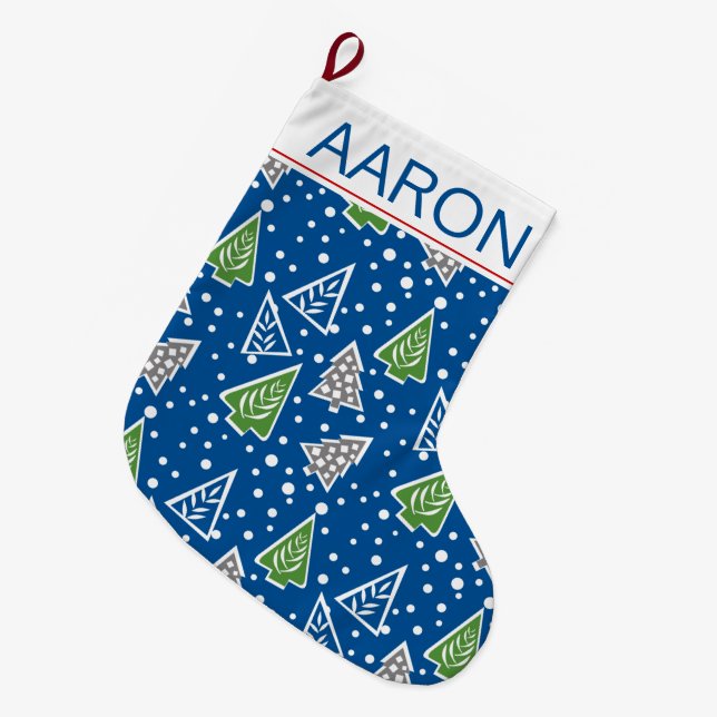 Grande Chaussette De Noël Arbres de Noël stylisés bleu motif avec nom (Devant (Accrochage))