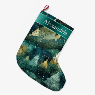 Grande Chaussette De Noël Arbres d'or jaune vert Nom de Noël