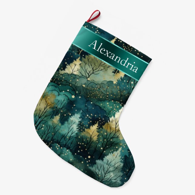 Grande Chaussette De Noël Arbres d'or jaune vert Nom de Noël (Devant (Accrochage))