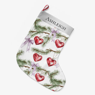 Grande Chaussette De Noël Argent de Noël Branches Purple Bows Coeurs