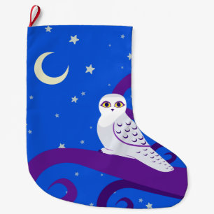 Grande Chaussette De Noël Art de forêt de nuit de croissant de lune de hibou