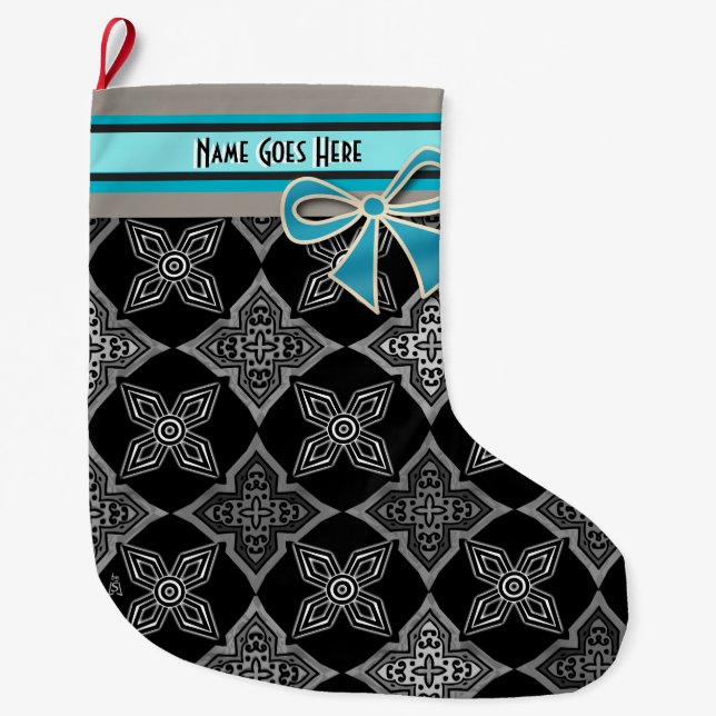 Grande Chaussette De Noël Art Déco Star Flowers Black Grey Aqua Personnalisé (Devant)