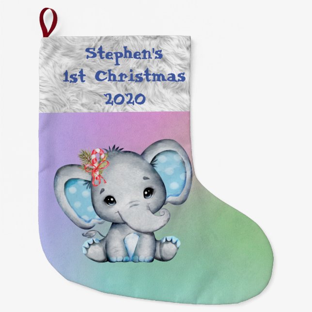 Grande Chaussette De Noël Baby 1er Noël Blue Boy Elephant (Devant)