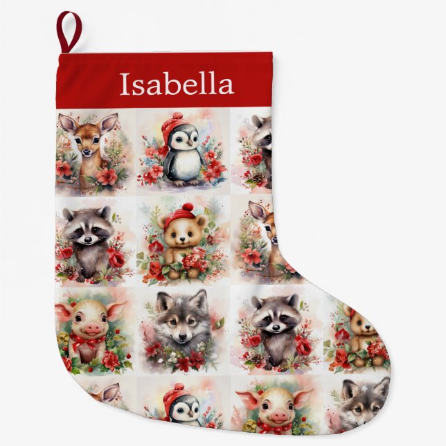 Grande Chaussette De Noël Baby Animals Ajouter un nom joli Noël (Devant)
