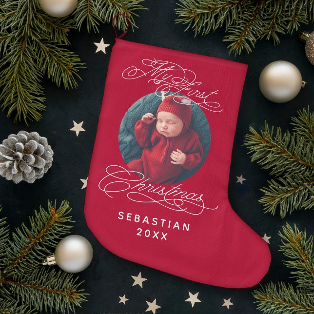 Grande Chaussette De Noël Baby My First Christmas Custom Text Photo Élégante (Créateur téléchargé)