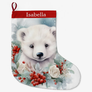Grande Chaussette De Noël Baby Polar Bear Cub Ajouter un nom joli Noël