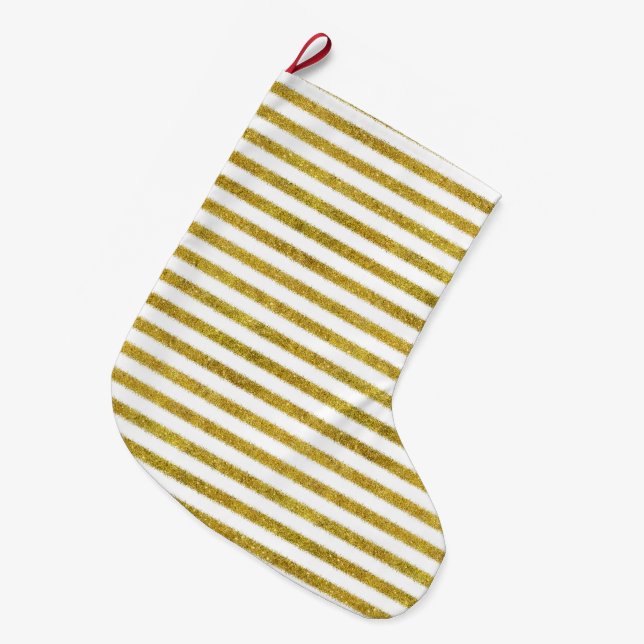 Grande Chaussette De Noël Bandes chic or et blanc (Devant (Accrochage))