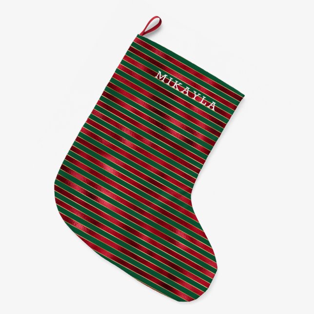 Grande Chaussette De Noël Bandes dorées rouges vertes (Devant (Accrochage))