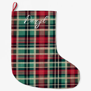 Grande Chaussette De Noël Bandes Plaid Vert Crème Rouge