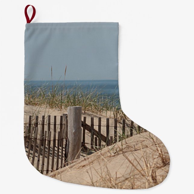 Grande Chaussette De Noël Barrière patinée de plage dans la dune de sable (Devant)