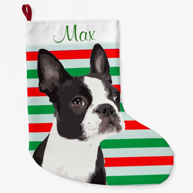 Grande Chaussette De Noël Bas d'animal familier de Noël de Boston Terrier (Devant)