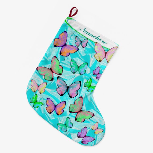 Grande Chaussette De Noël Bas de Noël de papillon avec le nom ! (Devant (Accrochage))