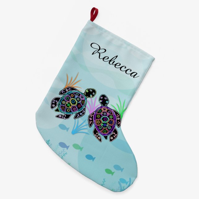 Grande Chaussette De Noël Bas de Noël de tortue de mer (Devant (Accrochage))