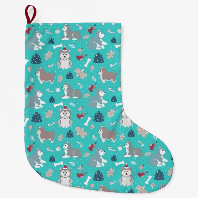 Grande Chaussette De Noël Bas enroué bleu-clair de Noël de chien (Devant)