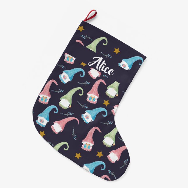 Grande Chaussette De Noël Bas personnalisé de motif de gnomes de Noël (Devant (Accrochage))