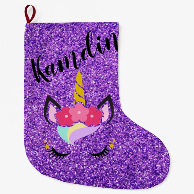 Grande Chaussette De Noël Bas pourpre personnalisé de parties scintillantes (Devant)