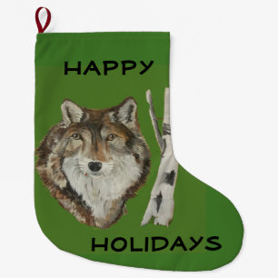 Grande Chaussette De Noël Beau loup de prédateur gris sur vert