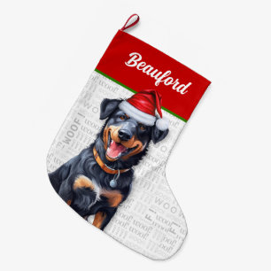 Grande Chaussette De Noël Beauceron de Noël avec le nom du chien