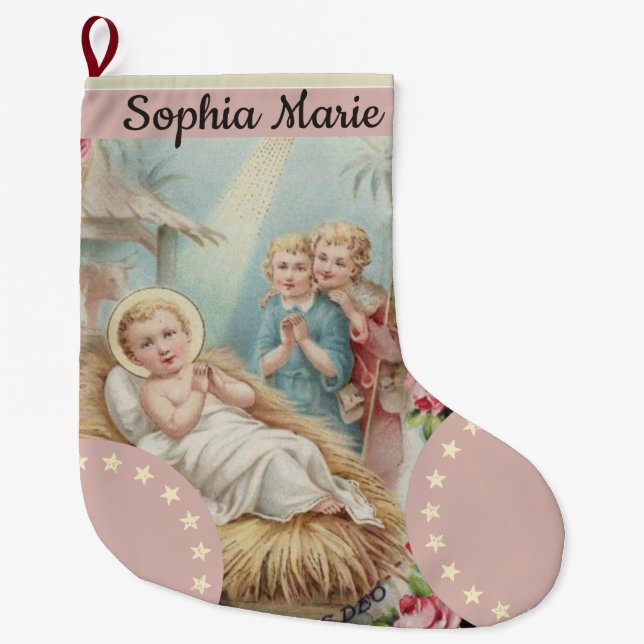 Grande Chaussette De Noël Bébé personnalisé Jésus dans des filles de Manger (Devant)