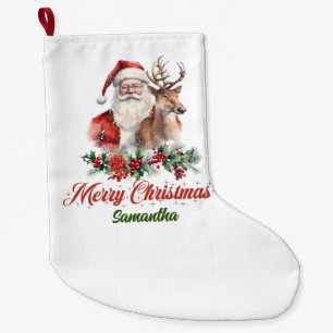 Grande Chaussette De Noël Béliers rouges classiques   Père Noël avec rennes