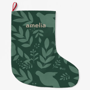 Grande Chaussette De Noël Belle impression botanique verte avec nom
