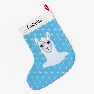 Grande Chaussette De Noël Belle Lama et Flocons sur Turquoise