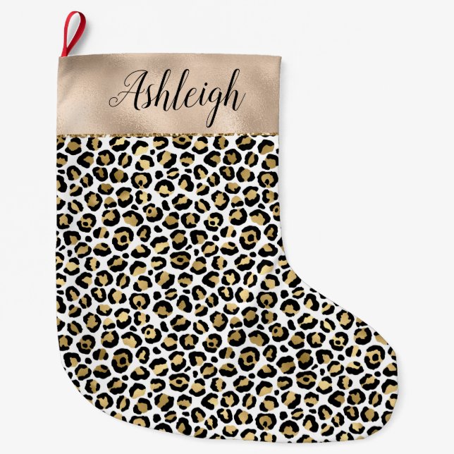 Grande Chaussette De Noël Black Glam Gold Empreinte de léopard (Devant)