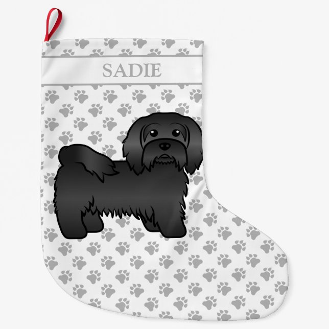 Grande Chaussette De Noël Black Havanais mignon dessin animé Chien et nom (Devant)