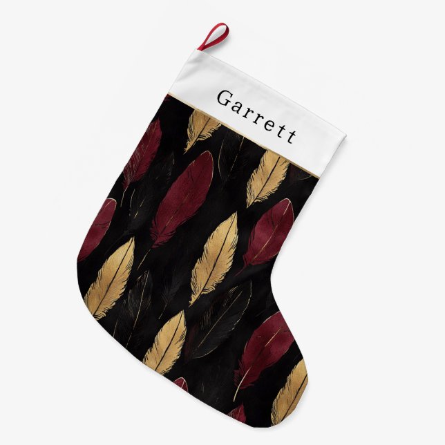 Grande Chaussette De Noël Black Red Gold Feathers Christmas (Devant (Accrochage))