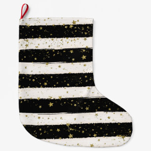 Grande Chaussette De Noël Black White Aquarelle rayures Gold Parties scintil