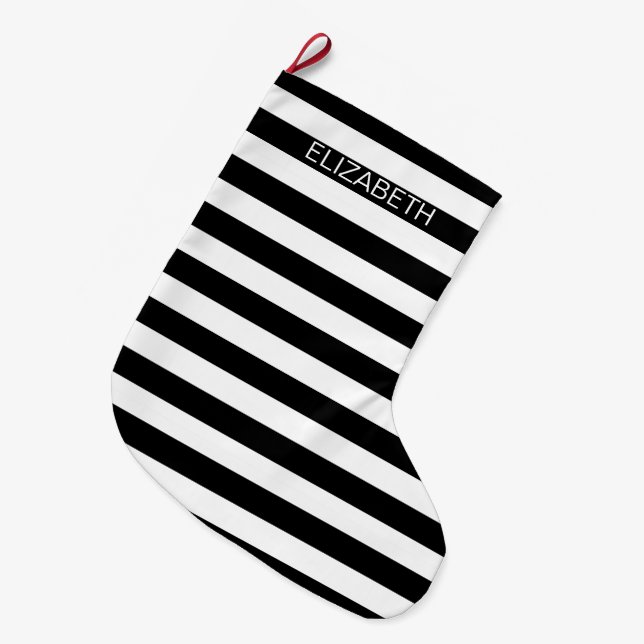 Grande Chaussette De Noël Black White Horizontal Preppy Stripe Nom monogram (Devant (Accrochage))