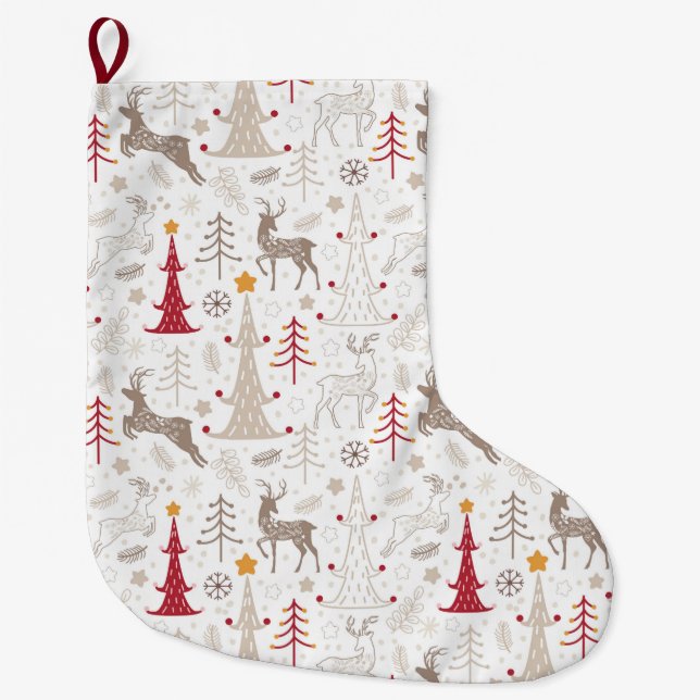 Grande Chaussette De Noël Blanc d'hiver, sapin de Noël et cerfs (Devant)