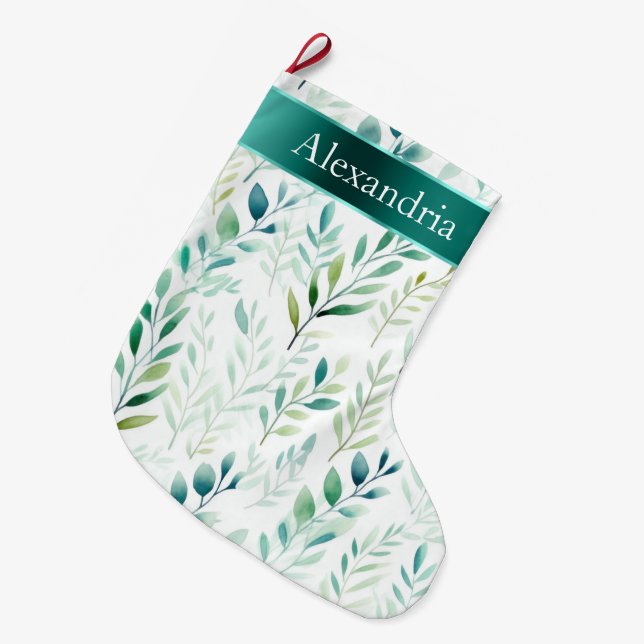 Grande Chaussette De Noël Blanc vert Mint Feuilles Noël Nom (Devant (Accrochage))