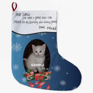 Grande Chaussette De Noël Bleu AJOUTER VOTRE chat Photo et nom Cher Père Noë