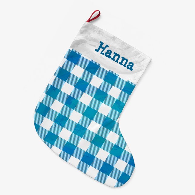Grande Chaussette De Noël Bleu et blanc À damiers Buffalo Plaid (Devant (Accrochage))