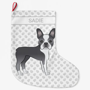 Grande Chaussette De Noël Bleu Et Blanc Boston Terrier Dessin Chien Et Nom