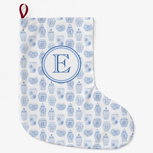 Grande Chaussette De Noël Bleu Monogramme Classique Et Jar De Gingembre Blan (Devant)