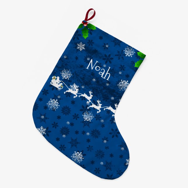 Grande Chaussette De Noël Bleu Père Noël Sleigh & Reindeer Christmas Stockin (Devant (Accrochage))