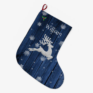 Grande Chaussette De Noël Bleu Rustique rennes de Noël Stocker