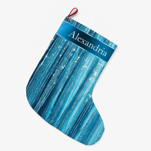 Grande Chaussette De Noël Blue Aqua Glam Glitz Nom de Noël (Devant (Accrochage))