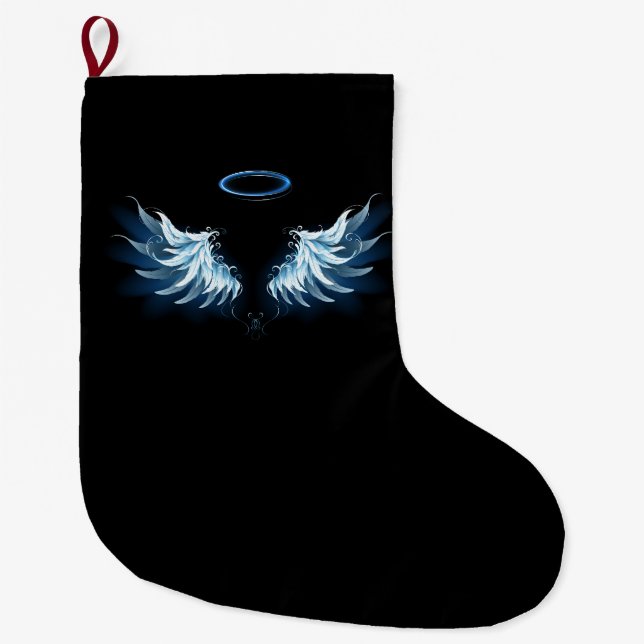 Grande Chaussette De Noël Blue Glowing Angel Wings on black background (Devant)